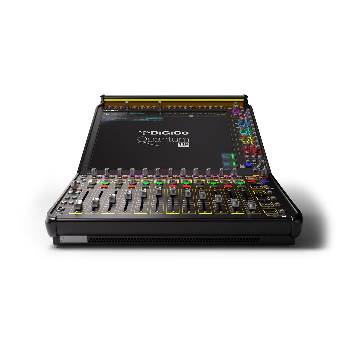 DiGiCo Quantum 112 digital mixing console, top angle view showing 12 faders and touchscreen