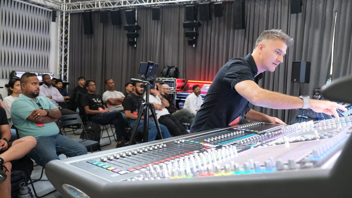 DiGiCo masterclass at 7Hertz Dubai with a product specialist demonstrating console workflows to sound engineers