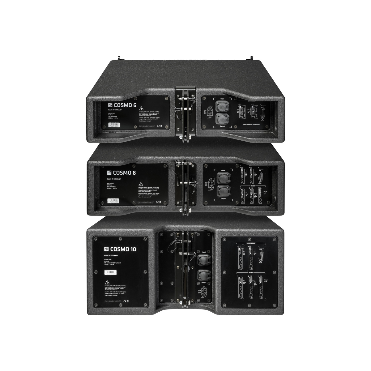 HK Audio COSMO C 6 passive line array mid/high unit, rear view of COSMO C 10, C 8 and C 6 together